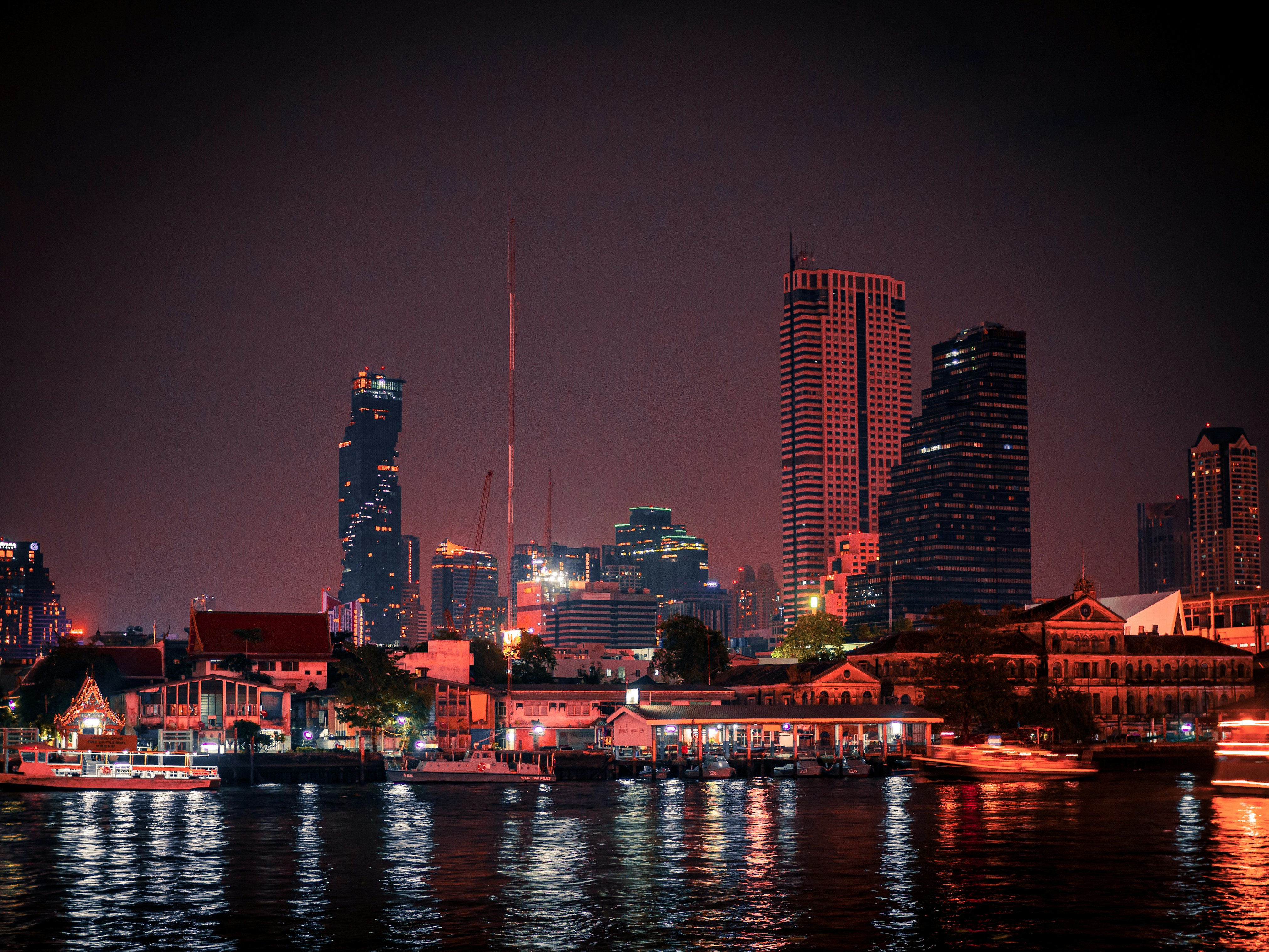 Bangkok skyline along the Chao Phraya River at night